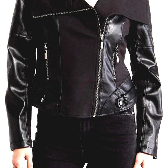 Ookie & Lala Faux Leather Mix Quilt Drape Jacket - Black - M - Picture 3 of 5